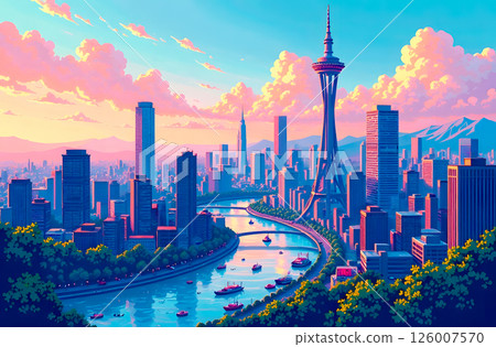 Futuristic cityscape with river and tower view at sunset 126007570