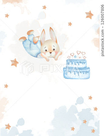 Watercolor birthday card template. Cute bunny in blue overalls lying down and looking at a big delicious cake. Decor made of gold stars 126007806
