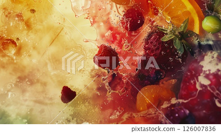 A vibrant, detailed close-up of stylized ingredients blending into an abstract culinary artwork 126007836