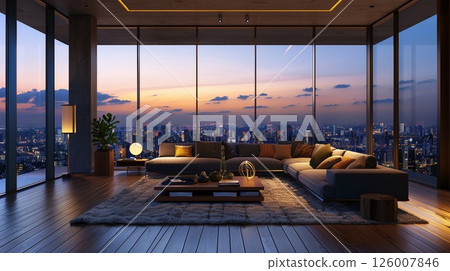 A luxurious apartment interior with a city view, warm lighting, and elegant design 126007846