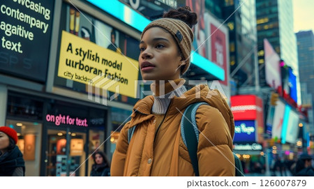 A model in urban fashion against a busy cityscape, with space for text 126007879