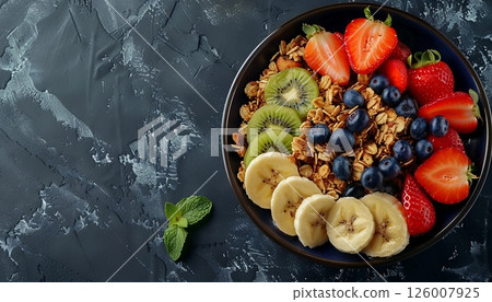 A tasty, healthy breakfast setup with granola and fruits, ideal for overlays 126007925