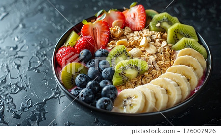 A vibrant breakfast scene with granola and fresh fruits, perfect for text placement 126007926