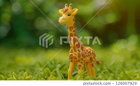 A plastic giraffe toy for kids, set against a green background A plastic giraffe toy for kids, set against a green background 126007929