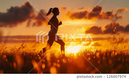 A female athlete's silhouette running at dawn or dusk, training for a marathon A female athlete's silhouette running at dawn or dusk, training for a marathon 126007974