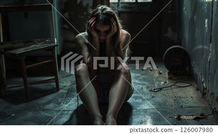 A young woman sitting on the floor, holding her head in a dark room 126007980