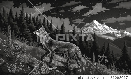 A black-and-white sketch of a fox walking through a scenic mountain setting A black-and-white sketch of a fox walking through a scenic mountain setting 126008067