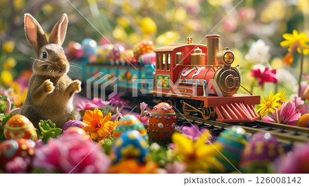 Easter card showing an egg-painted train leaving the bottom right corner, with a bunny watching from the left side 126008142