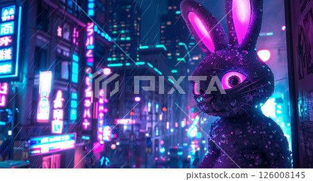 Neon-lit cyberpunk Easter bunny in a sleek futuristic city, blending tradition and tech 126008145