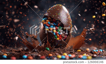 Energetic snap of a chocolate Easter egg cracking open, releasing a burst of bright candies Energetic snap of a chocolate Easter egg cracking open, releasing a burst of bright candies 126008146