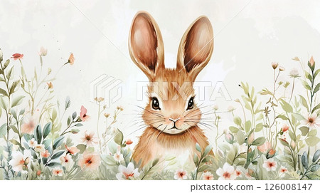 Artisanal Easter bunny framed by subtle flower wreaths, suited for greetings and festive charm 126008147