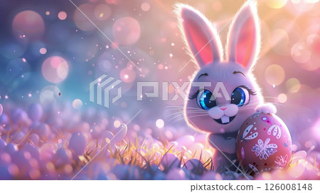 Bright cartoon bunny with large eyes in pastel hues, clutching a fancy Easter egg 126008148