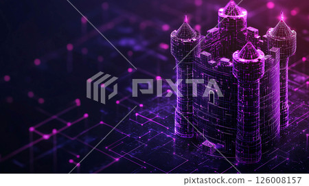 The castle has a clear, wire-like structure, as if built from luminous lines. It stands on a surface covered with a network of neon lines and dots resembling an electronic circuit. 126008157