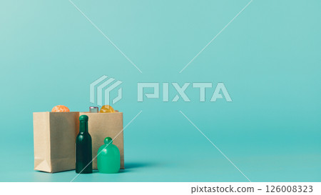 close up of red gift box on blue background 126008323