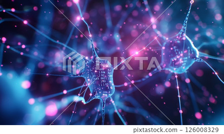 A futuristic visualization of an AI neural network with luminous blue-purple data pathways and cybernetic styling 126008329