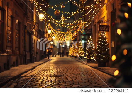 City streets aglow with colorful Christmas lights, radiating a golden warmth amid festive energy 126008341