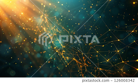 A futuristic abstract network design with glowing connection lines and tech-inspired elements, featuring space for text 126008342