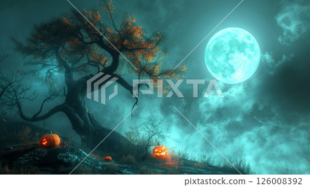 A chilling Halloween setting with gnarled tree shadows, a luminous full moon, and fog-shrouded orange pumpkins 126008392