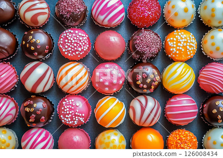 Colorful handmade chocolate truffles displayed on a white background in vibrant cups Colorful handmade chocolate truffles displayed on a white background in vibrant cups 126008434