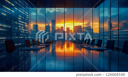 A meeting room with a long table surrounded by chairs. Large floor-to-ceiling windows offer views of the city landscape at sunset. 126008540