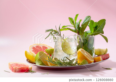 A refreshing summer drink with ice, citrus, rosemary and mint. 126008660