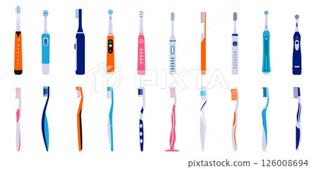 Set of Colorful Toothbrushes. Manual and Electric Toothbrush Collection.. 126008694