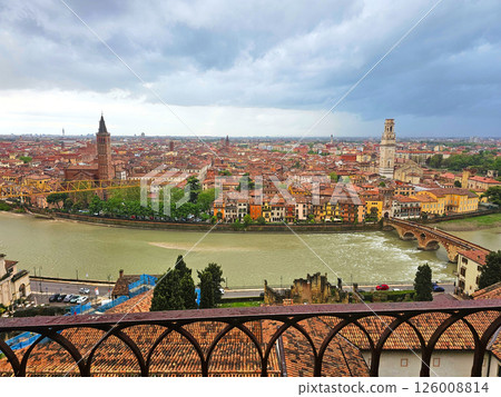 Stunning panoramic view of Verona, Italy, showcasing the city's historic skyline, ancient architecture, and the winding Adige River Stunning panoramic view of Verona, Italy, showcasing the city's historic skyline, ancient architecture, and the winding Adige River 126008814