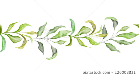 Bright green floral seamless border with twig and leaves. Hand-drawn watercolor bordure with template - banner with botanical arrangement Perfect for seasonal decor, greenery themes, wedding, Bright green floral seamless border with twig and leaves. Hand-drawn watercolor bordure with template - banner with botanical arrangement Perfect for seasonal decor, greenery themes, wedding, 126008831