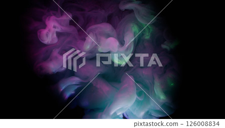 Cloud ink. Shimmering mist. Shiny smoke explosion blending color pigment on black background. Purple blue abstract glitter magic flow. Cloud ink. Shimmering mist. Shiny smoke explosion blending color pigment on black background. Purple blue abstract glitter magic flow. 126008834