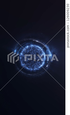 Elegant blue ring made of glowing particles with soft halo in dark space. Clean digital energy shape for modern technology or science backgrounds. 126009230