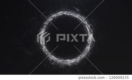 Bright white glowing ring made of soft particles on black background. Abstract and minimalistic design for sci fi, meditation, or futuristic branding. 126009235