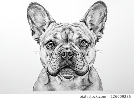 Detailed pencil drawing portrait of a French Bulldog looking forward. Black and white sketch 126009286