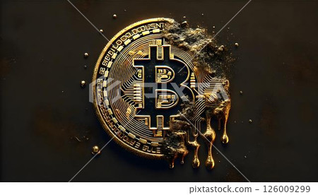 Melting Bitcoin symbol representing devaluation, crisis, value loss 126009299