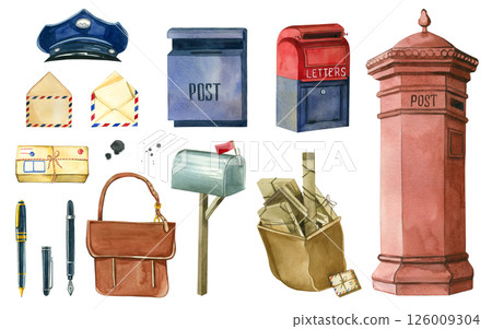 Set of illustrations for Post Day, bags with parcels, envelopes, pens for writing, postman's cap, mailboxes, all objects are hand-drawn with watercolors. For design of postcards, postal products. 126009304