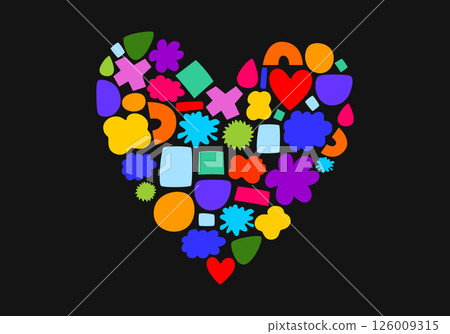Hand drawn heart shape from set of vector abstract different geometric shapes, circles blots, simple objects, doodles. Cartoon retro style. Valentines day, love, romance, aesthetics, brutalism, boho. 126009315
