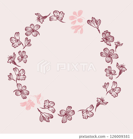 Vector wreath of cherry Sakura. Floral Design Element for Birthday, Wedding, Valentine, Invitation, Marketing, Advertising and Presentation. Flower garland for your text presentation. Label of soap 126009381