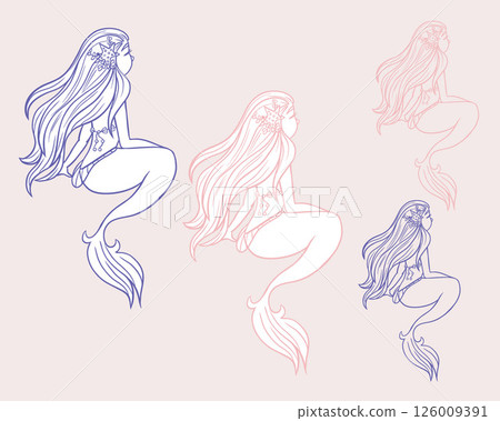 Whimsical cute fairy tale undersea little mermaid in vector with and without outline, children's symbol, logo. Hand drawn illustration pink and blue colors. Sea siren for Kids, element or apparel 126009391