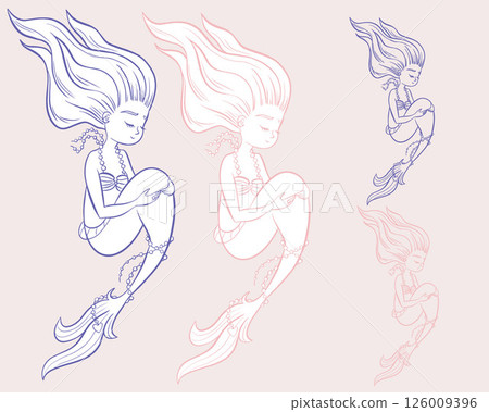Whimsical cute fairy tale undersea little mermaid in vector with and without outline, children's symbol, logo. Hand drawn illustration pink and blue colors. Sea siren for Kids, element or apparel 126009396