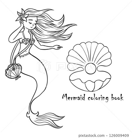 Black and white coloring for kids, little mermaid. Coloring page outline of cartoon. Vector illustration, coloring book for kids.Princess doodle. Children's coloring book Black and white coloring for kids, little mermaid. Coloring page outline of cartoon. Vector illustration, coloring book for kids.Princess doodle. Children's coloring book 126009409
