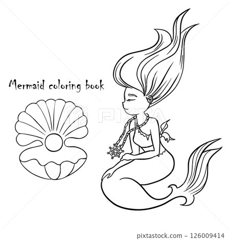 Black and white coloring for kids, little mermaid. Coloring page outline of cartoon. Vector illustration, coloring book for kids.Princess doodle. Children's coloring book Black and white coloring for kids, little mermaid. Coloring page outline of cartoon. Vector illustration, coloring book for kids.Princess doodle. Children's coloring book 126009414