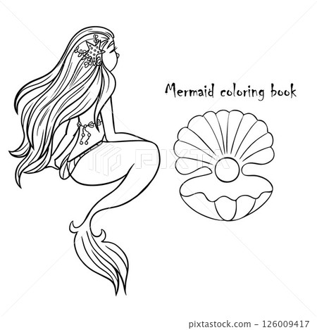 Black and white coloring for kids, little mermaid. Coloring page outline of cartoon. Vector illustration, coloring book for kids.Princess doodle. Children's coloring book Black and white coloring for kids, little mermaid. Coloring page outline of cartoon. Vector illustration, coloring book for kids.Princess doodle. Children's coloring book 126009417