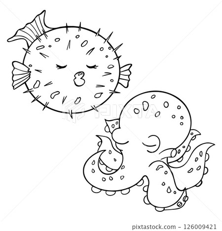 Vector illustration of children's coloring pages sea animals. Cute octopus and fugu fish smiling cartoon sea animal. Simple funny kid's drawing. Black lines, sketch on a white background. 126009421