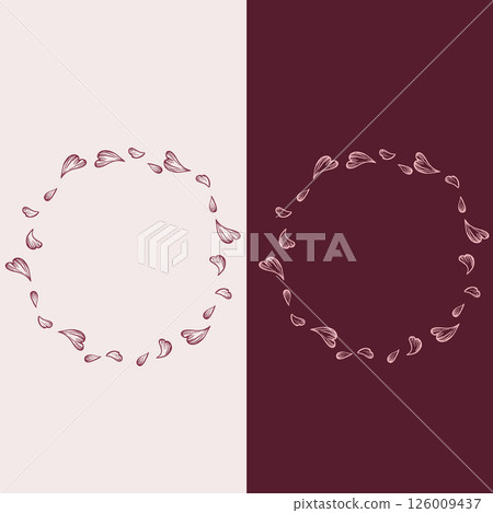 Two frames, sakura wreaths, cherry blossoms with flying petals in vector for design of postcards, stickers, posters. Pink and cherry wreath. Two frames, sakura wreaths, cherry blossoms with flying petals in vector for design of postcards, stickers, posters. Pink and cherry wreath. 126009437
