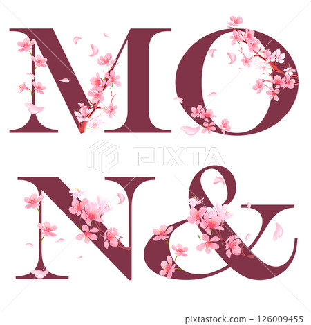 Cherry blossom flower alphabet with pink petals and sakura flowers for printing, cards, posters 126009455