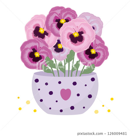 Seven pink pansies in a vase, colorful illustration 126009481