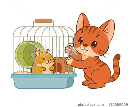Cute ginger cat curiously observing a hamster in cage. Hand drawn Flat style. 126009609