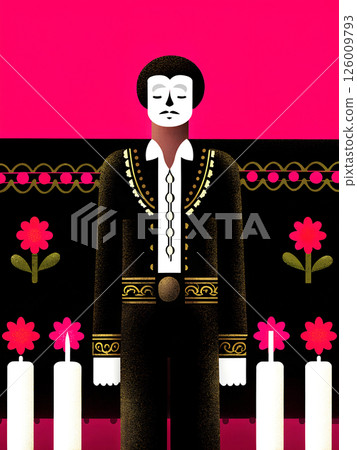 A stylized portrait showcasing a vibrant Mexican folk singer with a colorful floral background 126009793