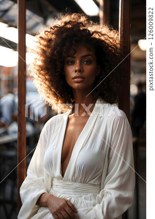 An Elegant and Captivating Portrait of a Woman with Beautiful Curly Hair in Natural Light 126009822