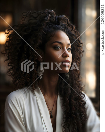 An Elegant Woman with Beautiful Curly Hair Captured in Soft and Inviting Natural Light 126009831