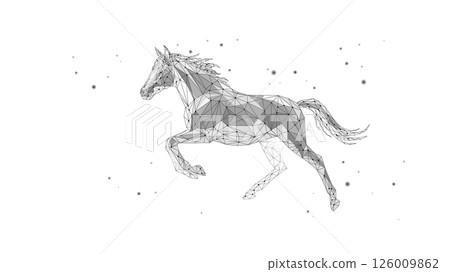 Geometric Horse illustration runs in space 2026 Horoscope Year. Chinese Animal of New Year. Technology designs and futuristic projects. Low poly style with white background Geometric Horse illustration runs in space 2026 Horoscope Year. Chinese Animal of New Year. Technology designs and futuristic projects. Low poly style with white background 126009862